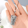 Detailed view of gray flocked teddy bear charm with silver metal clasp and black strap - Grey Mouse