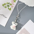 Detail of a white flocked bear keychain with pink bow and silver metal lobster clasp - MR70 White Bear
