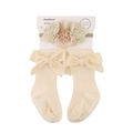 Coffret bandeau et chaussettes bébé beige avec dentelle florale et nœud doux - Style Floral Beige (DP215-1)