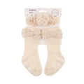 Infant headbands and socks set with lace floral details in cream beige for 0-12 months - Cream Lace Bow Style (DP215-2)