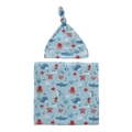 Blue swaddle and knot hat set with cute ocean animal prints for newborn infants - Ocean Creatures (BB041-2)