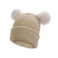 Bonnet en tricot côtelé beige clair pour bébé avec deux pompons en fausse fourrure crème - Kaki