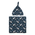 Dark blue baby swaddle and knotted hat set with cartoon space rockets and planets print - Space Theme (BB041-4)