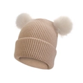Toddler rib-knit beanie in light khaki featuring two fluffy faux fur pom-poms on top - Blush Pink