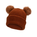 Caramel knitted beanie for baby boys with two large fluffy faux fur double pom poms - Brick Red