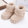Knitted beige baby walking socks with thick wool texture and ruffled cuff design - Khaki