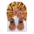 Golden brown velvet baby turban hat and socks set with elegant rose pearl decorations - One Size / Golden Brown (DP262-8)