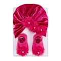 Set neonato con turbante in velluto rosa e calzini con fiori e perle - Taglia unica / Rosa Fucsia (DP262-17)