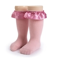 Chaussettes hautes roses pour bébé avec bordure élégante en satin et dentelle - 0-12 Mois / Rose Moyen