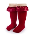 Chaussettes mi-mollet rouge foncé pour filles avec bordure en satin à volants - 0-12 Mois / Rouge