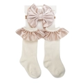 Set neonato con fascia fiocco in raso champagne e calzini con volant coordinati - Oro champagne