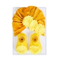 Ginger yellow velvet baby turban hat and sock set with handmade pearl flower decorations - One Size / Ginger Yellow (DP262-43)