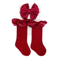 Infant gift set with wine red satin bow headband and matching ruffled socks - Red