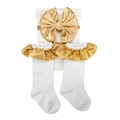 Infant accessory set with gold satin bow headband and white socks with gold ruffles - Gold