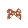 Caramel brown fabric bow hair clip with white daisy embroidery for children - Coffee
