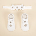Infant white pearl flower headband and knit sock set for newborn baptism gift - Gold Thread 3D Floral Style (DP288-2)