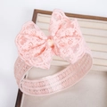 Soft pink lace headband for baby girls with a large bow detail in a wooden box - Plain Lace Style / Pink (EE154-14)
