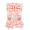 Set tre pezzi neonata con fascia per capelli e calzini in pizzo rosa e fiocco - Rosa Chiaro