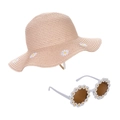 Kids beige straw hat with daisy embroidery and matching floral round sunglasses set - Beige Set (DP289-2)
