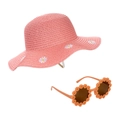 Pink girls sun hat and floral sunglasses set with sweet daisy embroidery for beach - Pink Set (DP289-19)