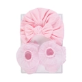 Berretto neonato rosa in cotone con fiocco e calzini coordinati in pizzo dolce - Rosa