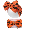 Halloween baby tulband en hoofdband set in oranje met zwarte vleermuis patronen - Muts en Hoofdband Set (KK14-48) / Oranje Vleermuisprint (KK14-48)