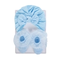 Light blue baby cotton turban hat and lace trim socks set with a bow accent - Light Blue