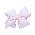 White polyester bow hair clip for baby girls with delicate pink crochet lace edges - White