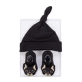 Infant knotted beanie and matching socks set with bulldog embroidery in solid black - Black Dog (DP298-1)