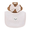 Ensemble bavoir et bandeau pour bébé en gaze de coton crème avec broderie ours mignonne - Blanc Cassé