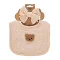 Ensemble bavoir et bandeau en gaze de coton beige avec décoration d'ours en peluche - Beige Clair