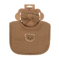 Coffret bavoir et bandeau en mousseline de coton marron avec broderie petit ours - Marron