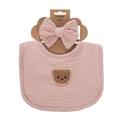 Ensemble bandeau et bavoir pour bébé en mousseline de coton rose avec écusson ours - Rose Clair