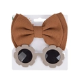Brown waffle bow headband and khaki flower sunglasses set for babies on white card - Brown