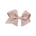 Pink grosgrain ribbon bow hair clip with gold scalloped trim for girls on white background - Khaki