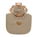 Olive green 4-layer muslin cotton baby bib and headband set with a cute bear patch - Olive Green