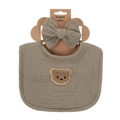 Olive green 4-layer muslin cotton baby bib and headband set with a cute plush bear - Dark Gray