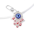 Detaillierte Hamsa-Hand Schlüsselanhänger mit bunten Evil Eye Anhängern und Strass - Silber Rot Mehrauge Hand