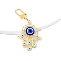 Detailed close-up of Hamsa Hand keychain with blue evil eye charms and gold finish - Gold Sky Blue Multi-Eye Hamsa