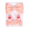 Infant coral pink waffle bow headband and matching cotton socks three-piece set - Coral Pink (DP268-5)