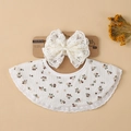 Set de babero y diadema para bebé en algodón floral con lazo de encaje blanco suave - Patrón Floral Beige (DP308-1)