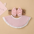 Set de babero y diadema rosa para bebé en algodón con delicado encaje blanco - Rosa Color Sólido (DP308-2)