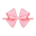 Pink ribbed grosgrain bow headband with embroidered scalloped edges for baby girls - Light Pink