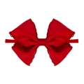 Infant red grosgrain ribbon bow headband with scalloped edges on soft nylon band - Red