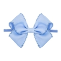 Light blue embroidered ribbon bow nylon headband for baby girls with grooved texture - Light Blue