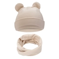 Beige infant knit hat with bear ears and matching loop scarf set for winter - One Size / Off White