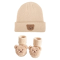 Set neonato con cappello e calzini in maglia beige con decorazioni di orsetti in 3D - Albicocca