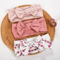 3-pack infant bow headbands in pink daisy, solid dusty red, and floral rib knit - Style DP303-1