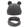 Dark gray knitted baby hat with bear ears and matching scarf set for warmth - One Size / Dark Gray