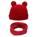 Infant bear-ear hat and scarf set in vibrant red soft knit for autumn winter warmth - One Size / Red